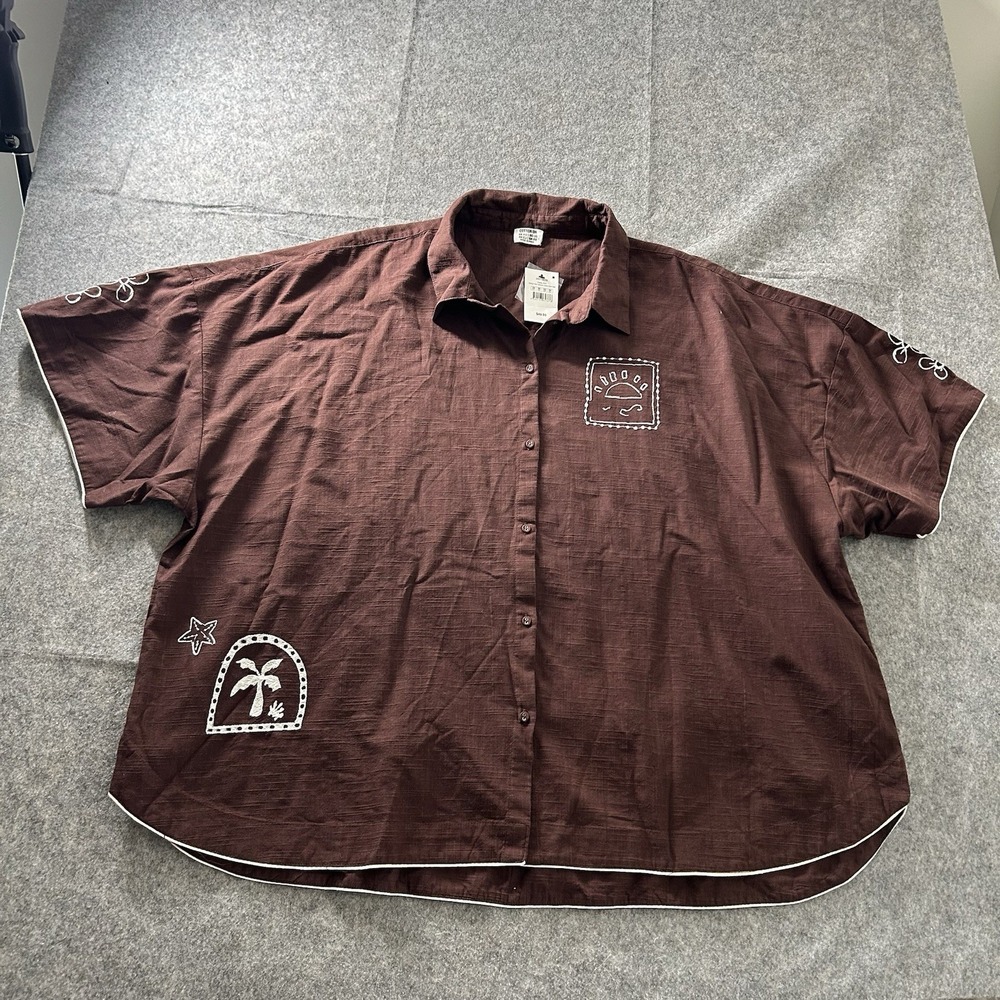 Cotton On Shirt Womens 20 Button Front Brown Embroidered Oversized Beachy Boho
